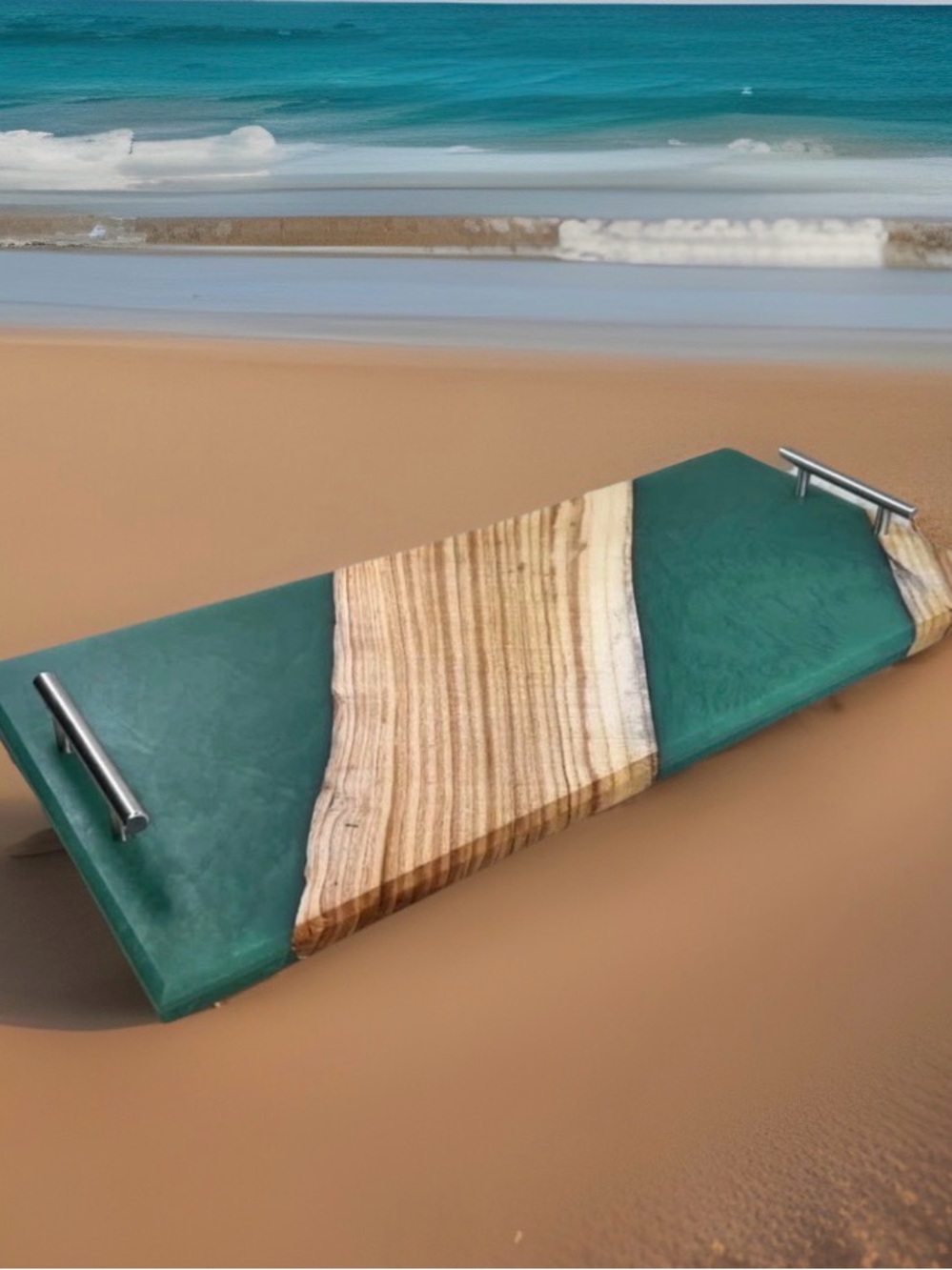 Pine Needle Wood Co Emerald Green Resin Wood Serving Tray with Handles 24x11